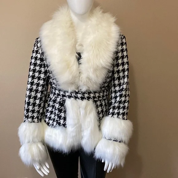 Woman's Azalea Wang Faux Fur Checker Winter Coat - Black & White - Size XL - Picture 2 of 16